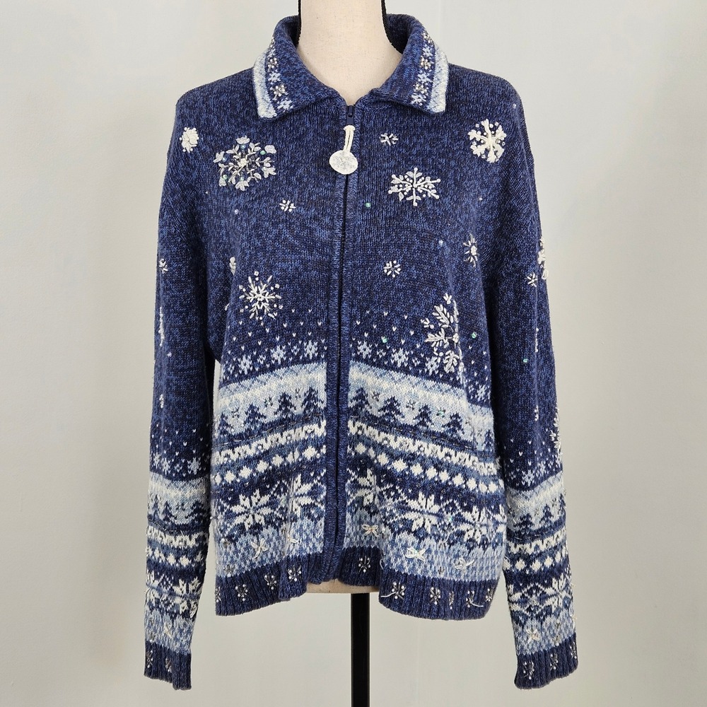 Vintage Heirloom Collectibles Cardigan Women L Snowflake Beaded Zip Sweater